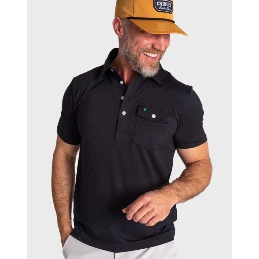 CRIQUET Men's Performance Player Black Polo Shirt Embroidered Logo Med